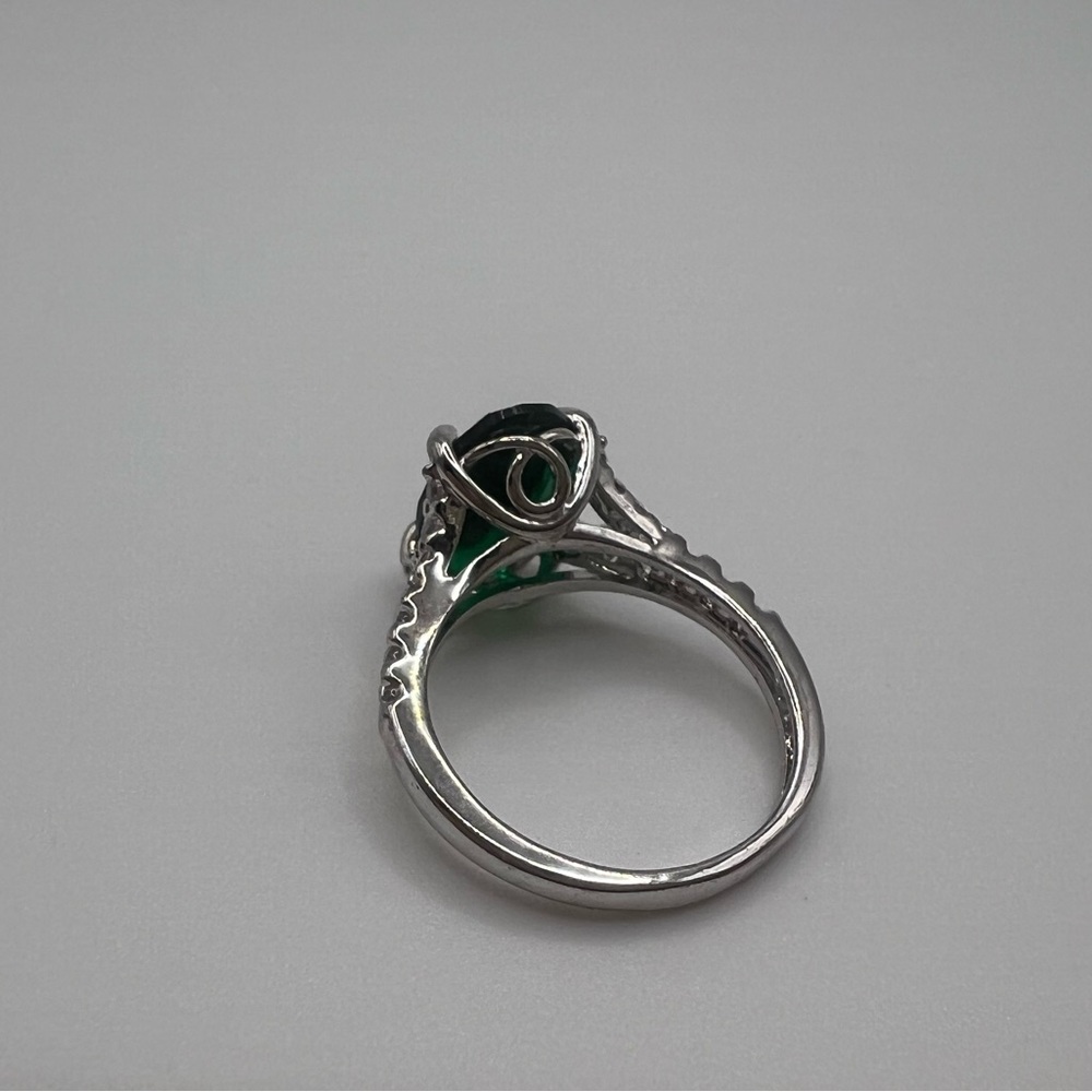 Emerald & Diamond Simulant Ring Silver Tone, Size… - image 3